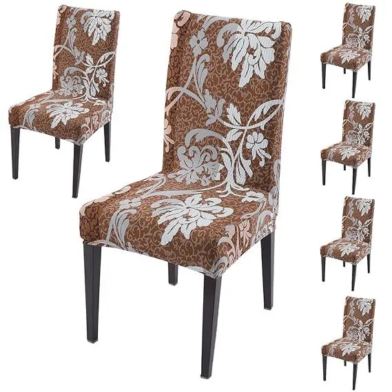 PolySpandex 140gsm Elastic Dining Chair Cover Set of 1/2/4/6, Rich Chocolate Damask Floral