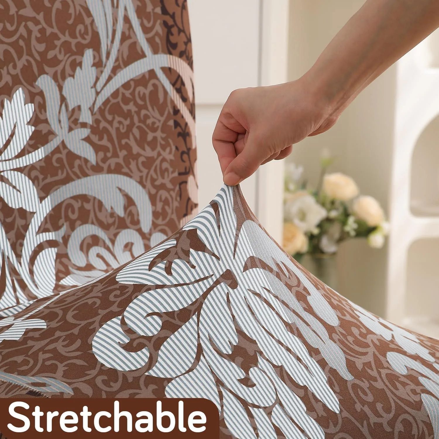 PolySpandex 140gsm Elastic Dining Chair Cover Set of 1/2/4/6, Rich Chocolate Damask Floral