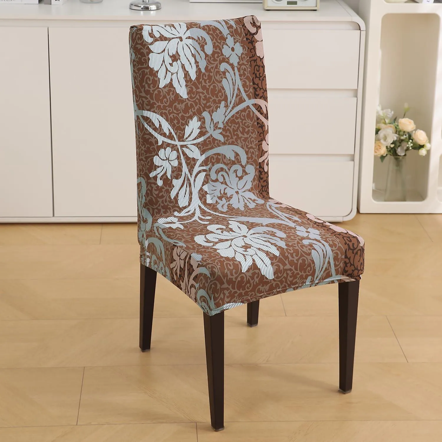 PolySpandex 140gsm Elastic Dining Chair Cover Set of 1/2/4/6, Rich Chocolate Damask Floral