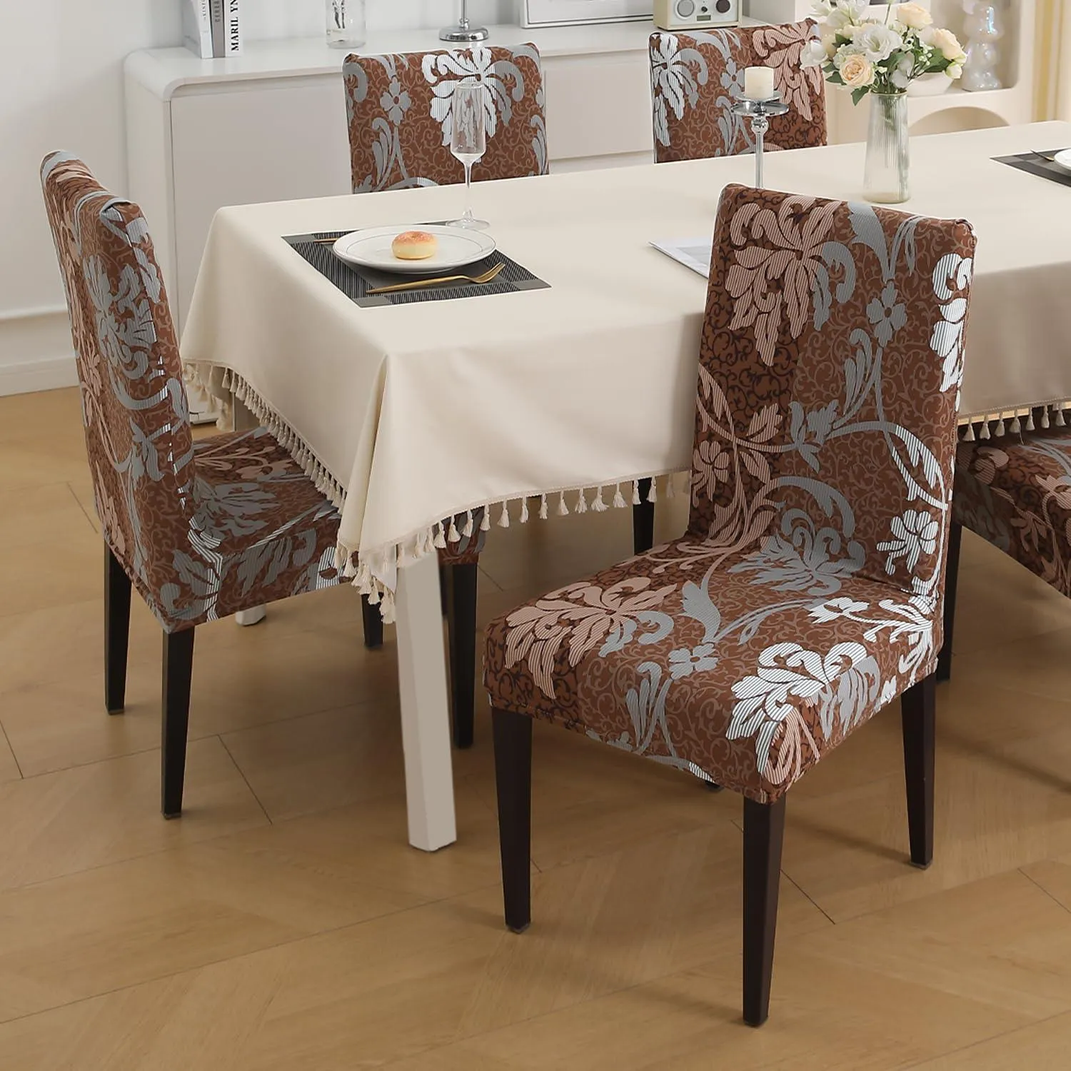 PolySpandex 140gsm Elastic Dining Chair Cover Set of 1/2/4/6, Rich Chocolate Damask Floral