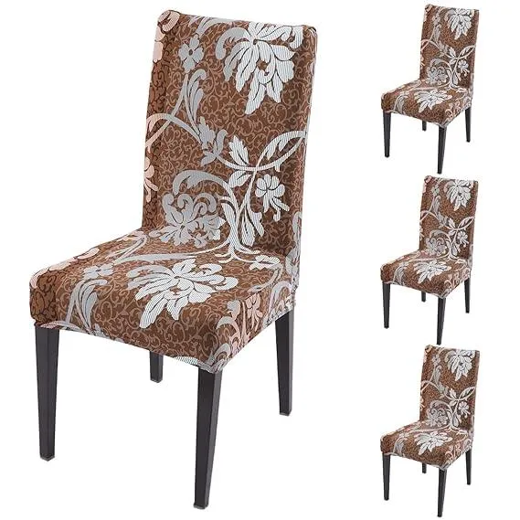 PolySpandex 140gsm Elastic Dining Chair Cover Set of 1/2/4/6, Rich Chocolate Damask Floral