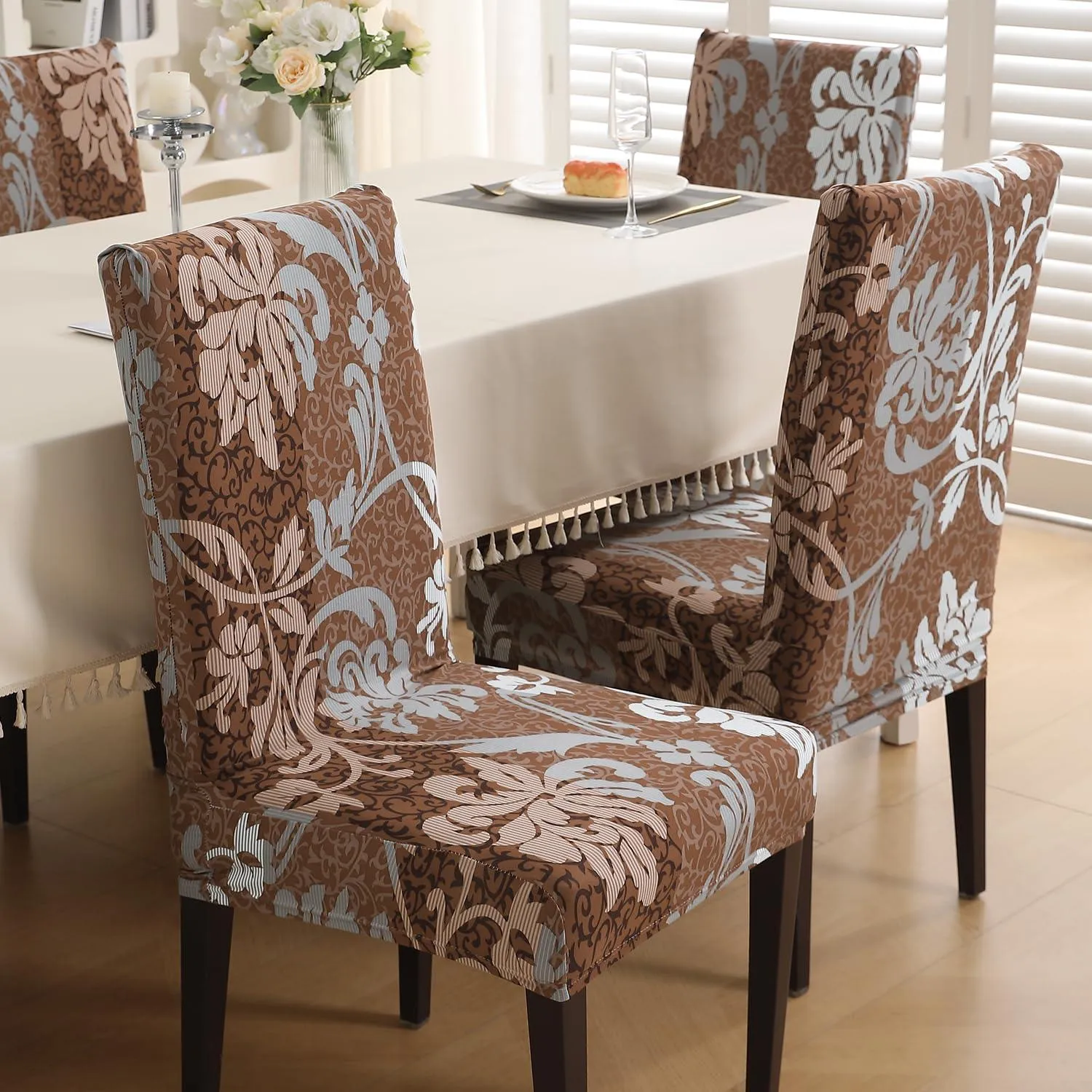 PolySpandex 140gsm Elastic Dining Chair Cover Set of 1/2/4/6, Rich Chocolate Damask Floral