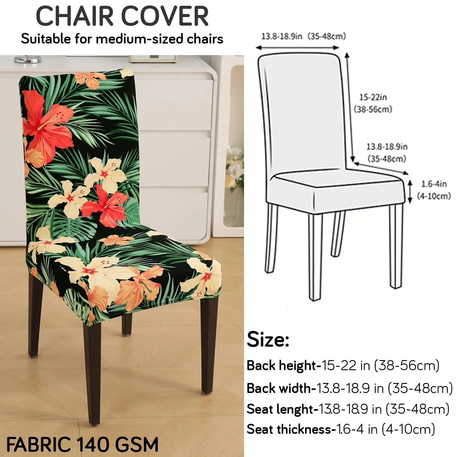PolySpandex 140gsm Elastic Dining Chair Cover Set of 1/2/4/6, Spring Green Hibiscus