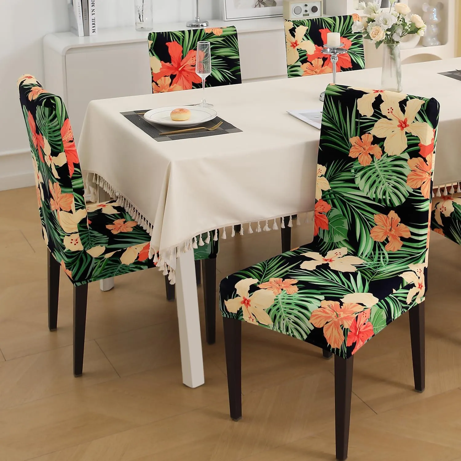 PolySpandex 140gsm Elastic Dining Chair Cover Set of 1/2/4/6, Spring Green Hibiscus