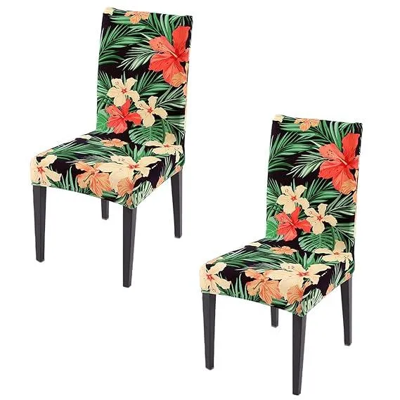 PolySpandex 140gsm Elastic Dining Chair Cover Set of 1/2/4/6, Spring Green Hibiscus