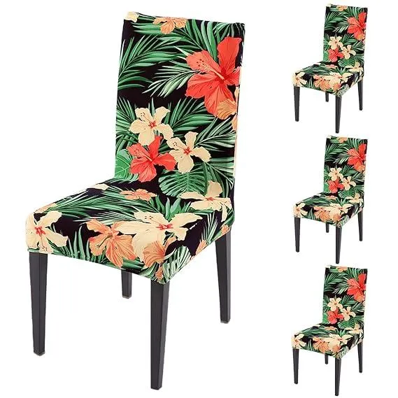 PolySpandex 140gsm Elastic Dining Chair Cover Set of 1/2/4/6, Spring Green Hibiscus