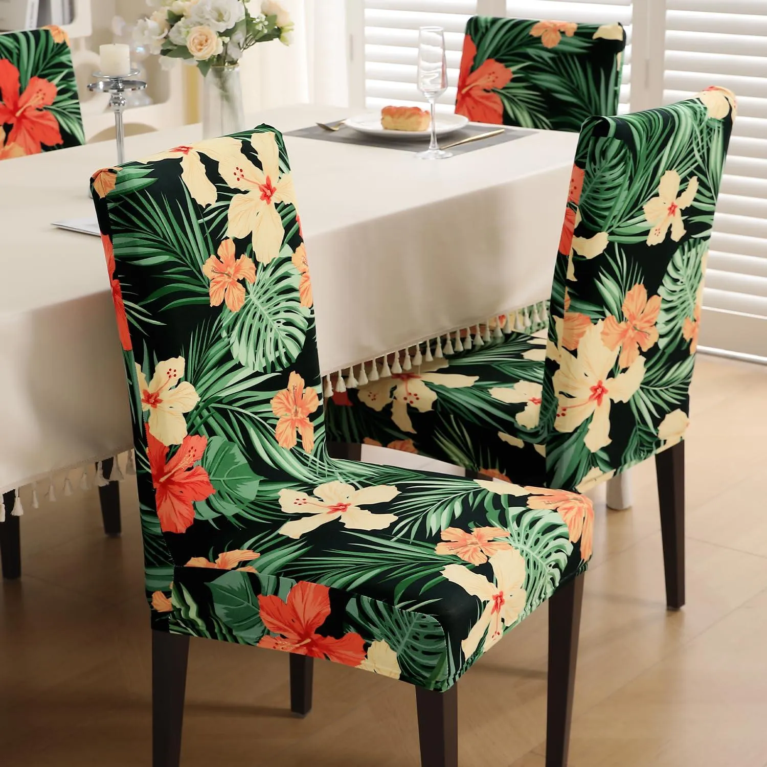PolySpandex 140gsm Elastic Dining Chair Cover Set of 1/2/4/6, Spring Green Hibiscus