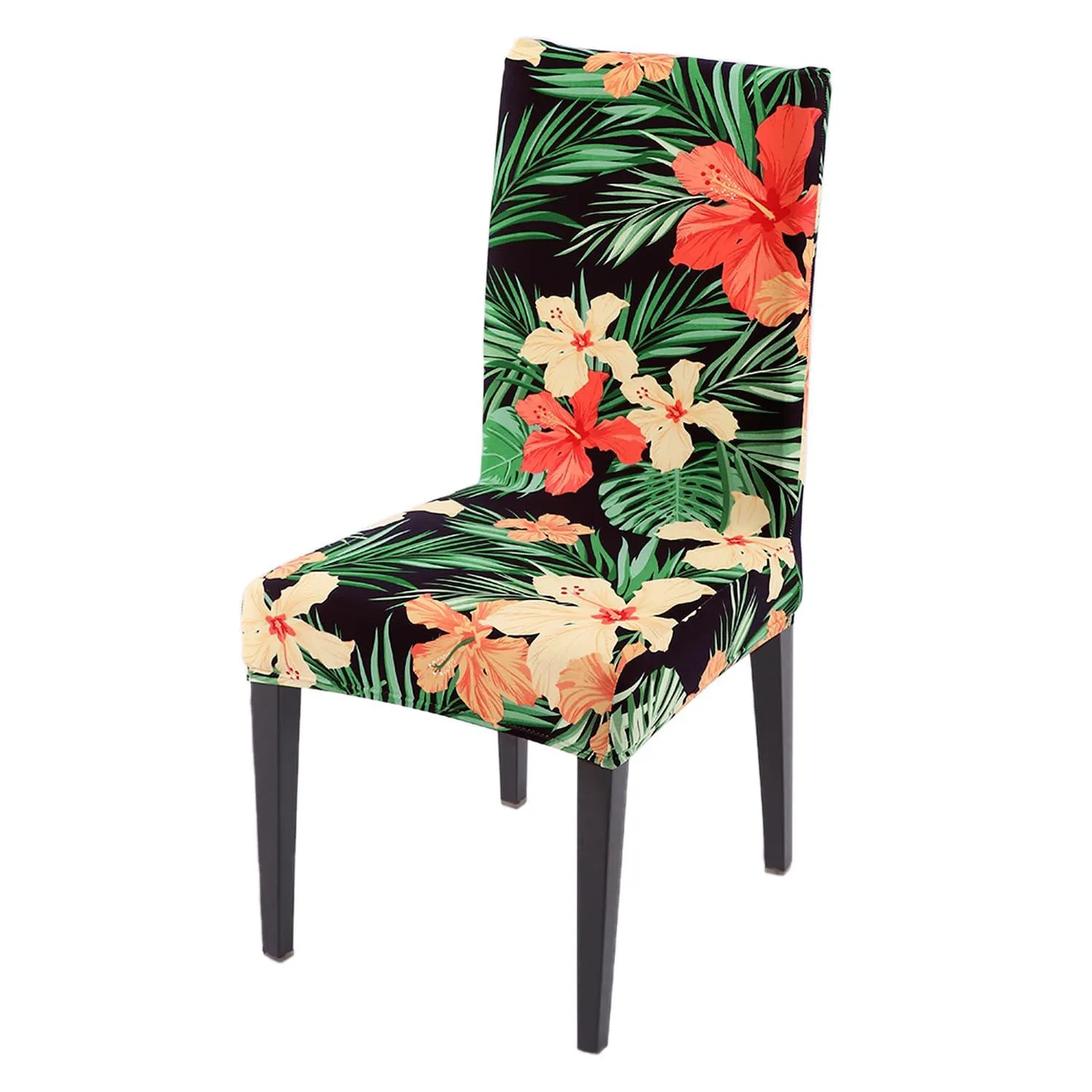 PolySpandex 140gsm Elastic Dining Chair Cover Set of 1/2/4/6, Spring Green Hibiscus