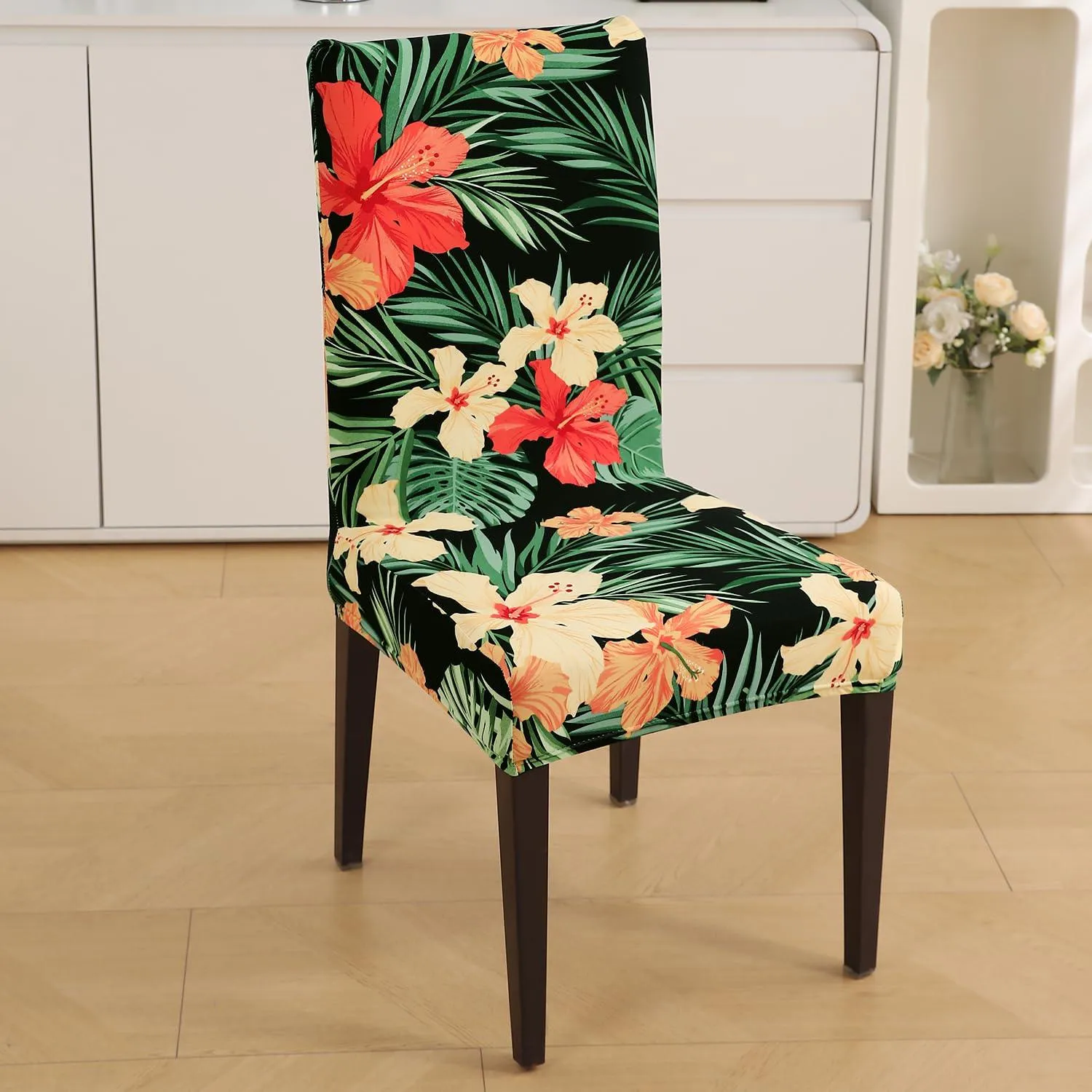 PolySpandex 140gsm Elastic Dining Chair Cover Set of 1/2/4/6, Spring Green Hibiscus