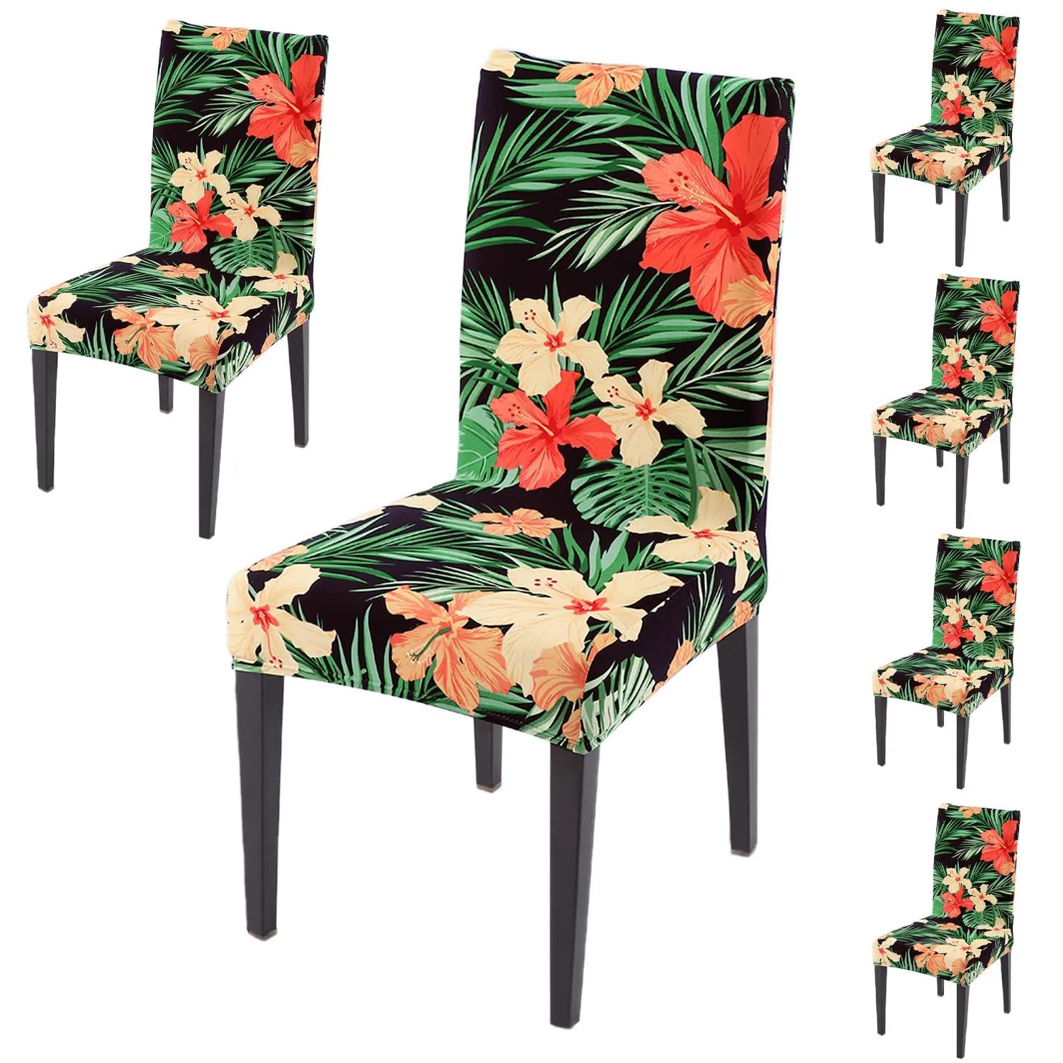 PolySpandex 140gsm Elastic Dining Chair Cover Set of 1/2/4/6, Spring Green Hibiscus