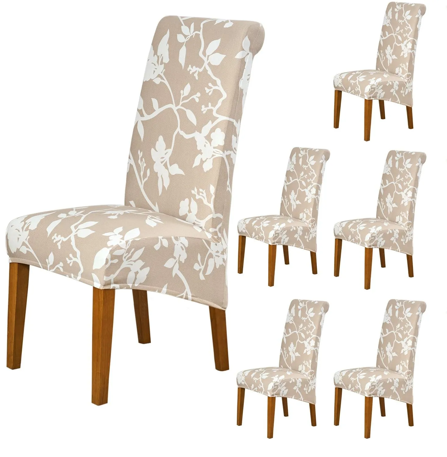 PolySpandex 140gsm High Back Dining Chair Cover Set of 1/2/4/6, Buff Brown Sillehoute Floral
