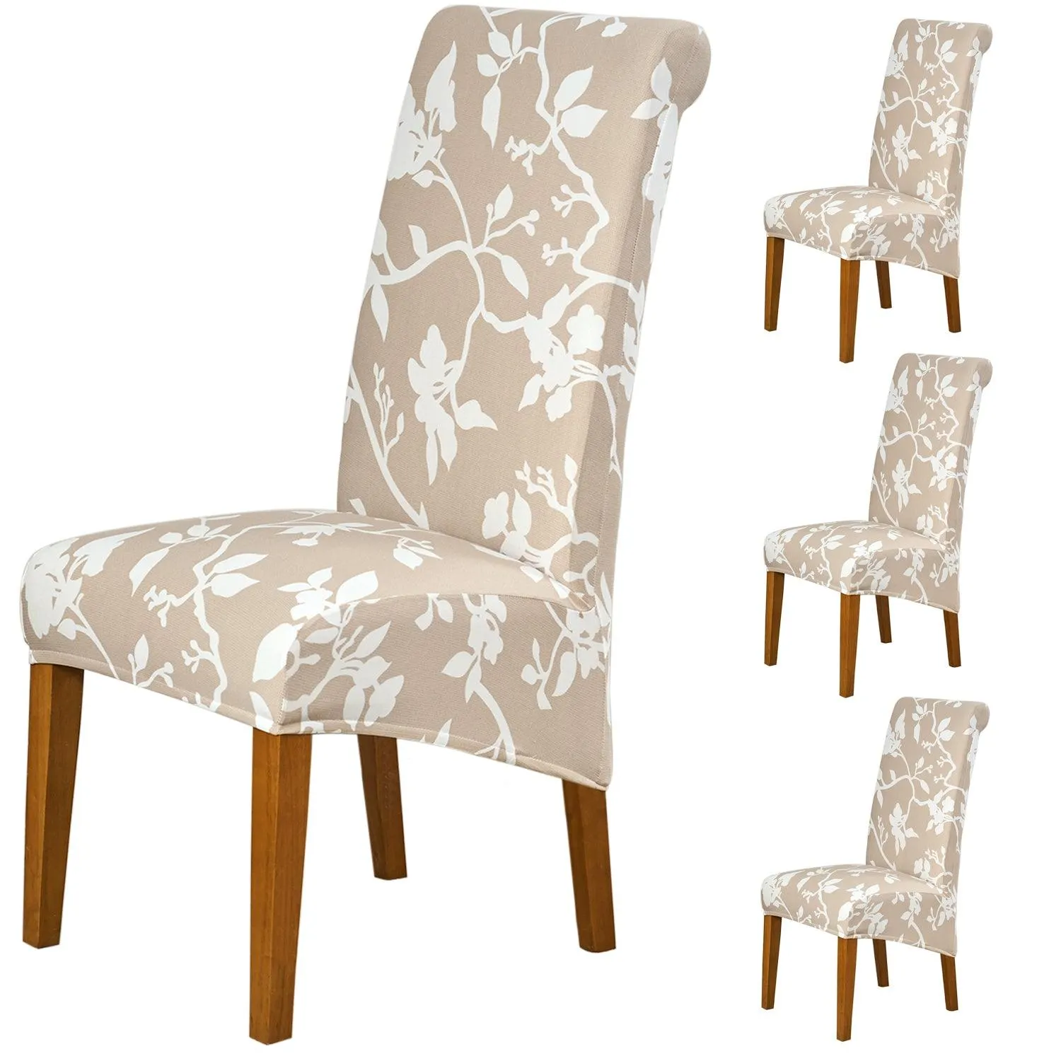 PolySpandex 140gsm High Back Dining Chair Cover Set of 1/2/4/6, Buff Brown Sillehoute Floral