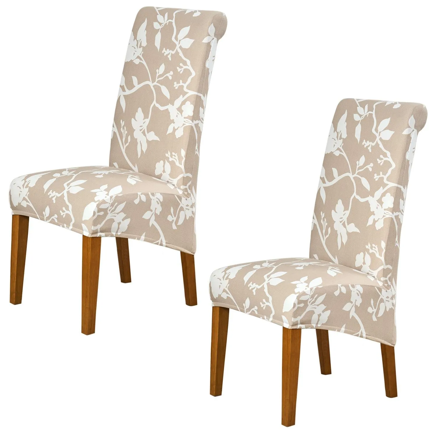 PolySpandex 140gsm High Back Dining Chair Cover Set of 1/2/4/6, Buff Brown Sillehoute Floral