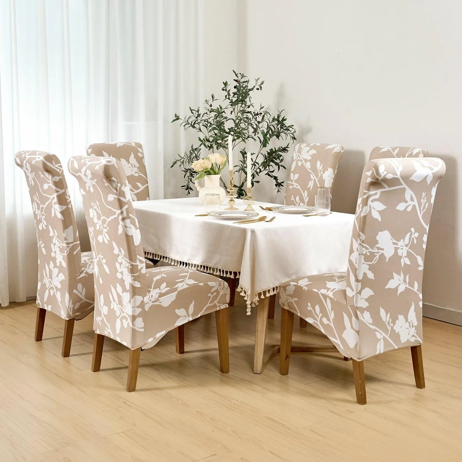 PolySpandex 140gsm High Back Dining Chair Cover Set of 1/2/4/6, Buff Brown Sillehoute Floral