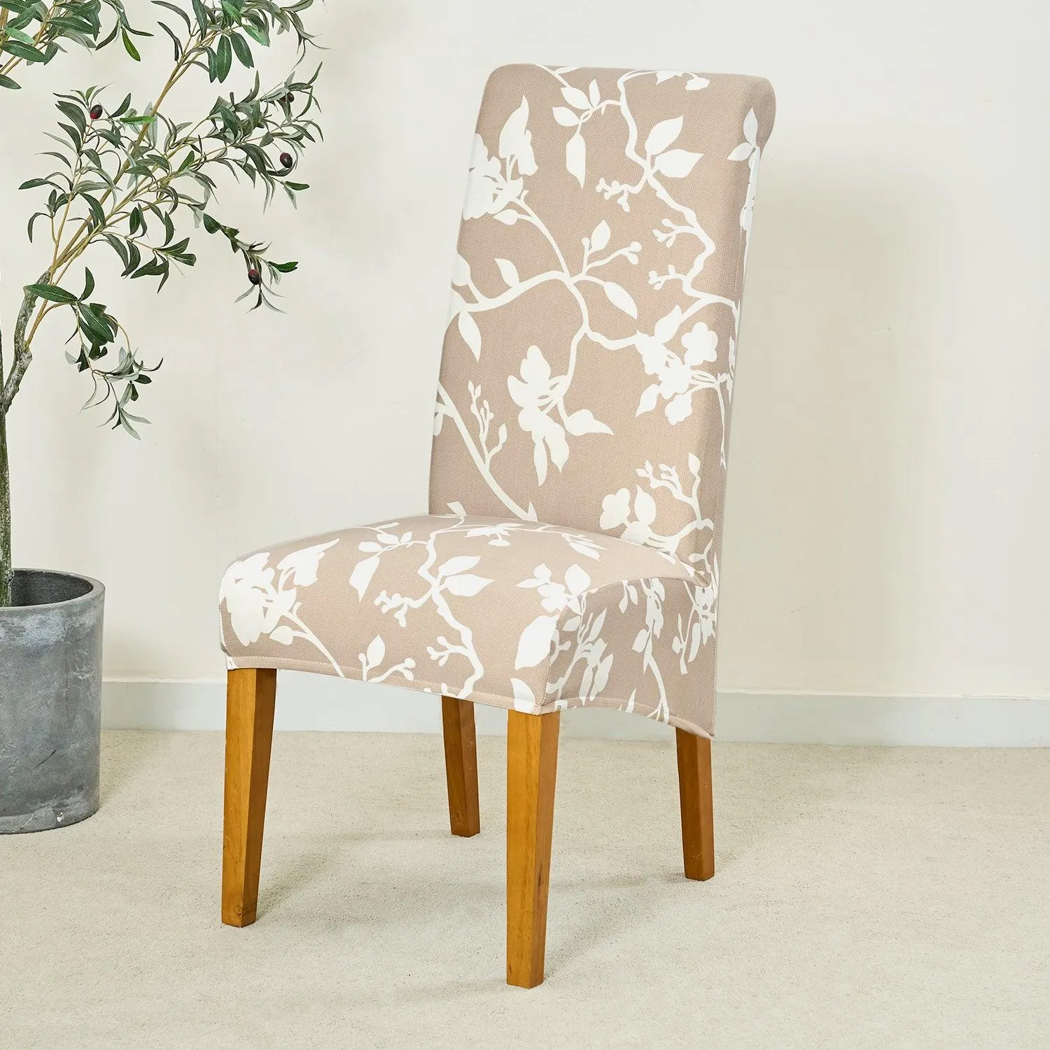 PolySpandex 140gsm High Back Dining Chair Cover Set of 1/2/4/6, Buff Brown Sillehoute Floral