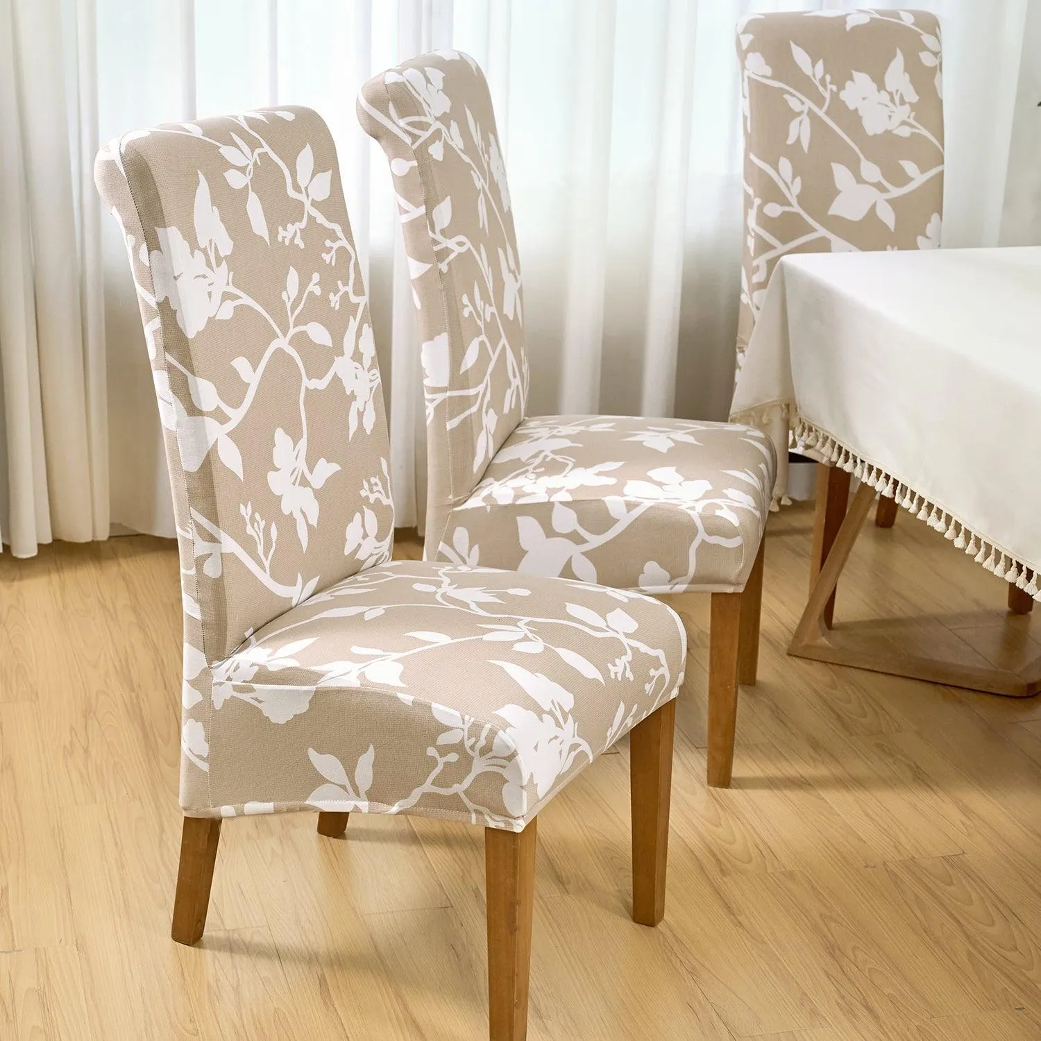 PolySpandex 140gsm High Back Dining Chair Cover Set of 1/2/4/6, Buff Brown Sillehoute Floral