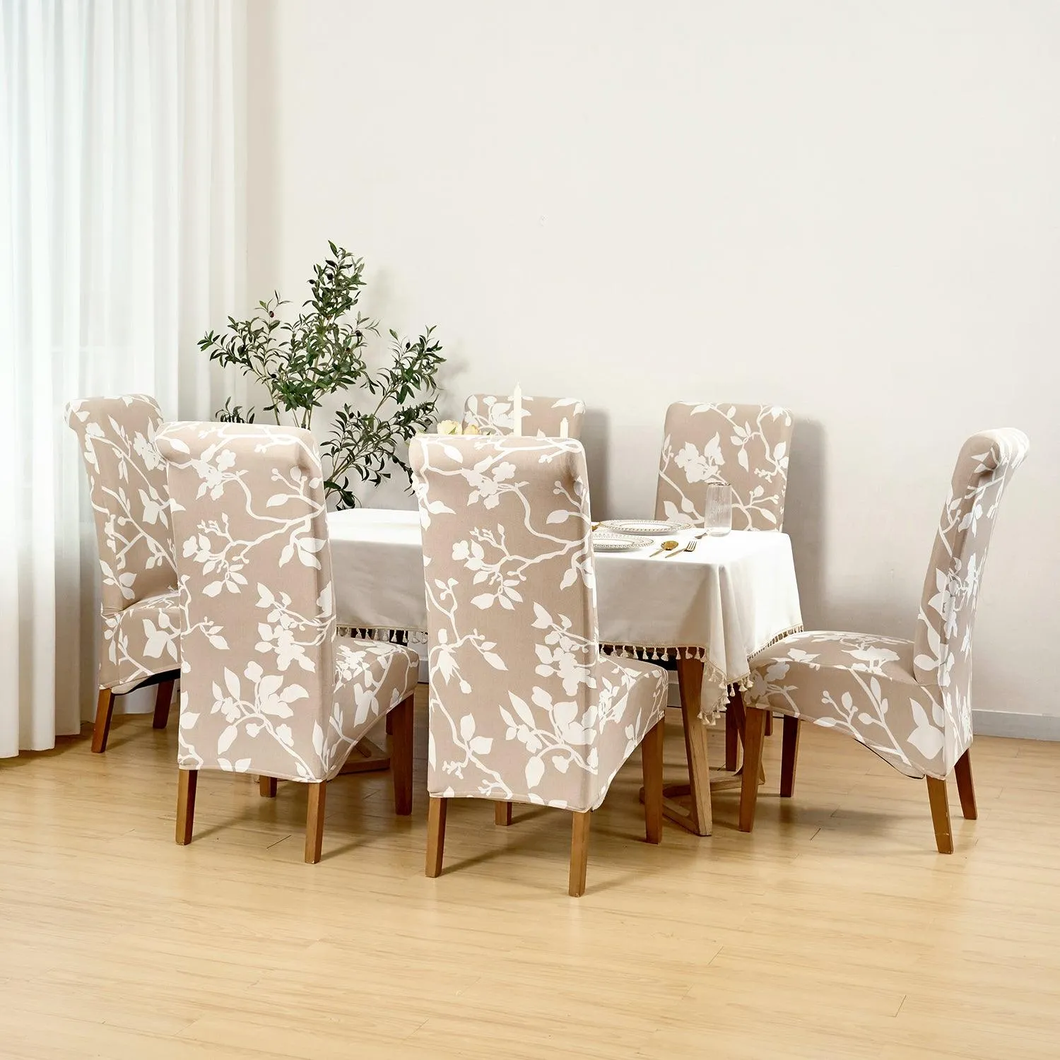 PolySpandex 140gsm High Back Dining Chair Cover Set of 1/2/4/6, Buff Brown Sillehoute Floral