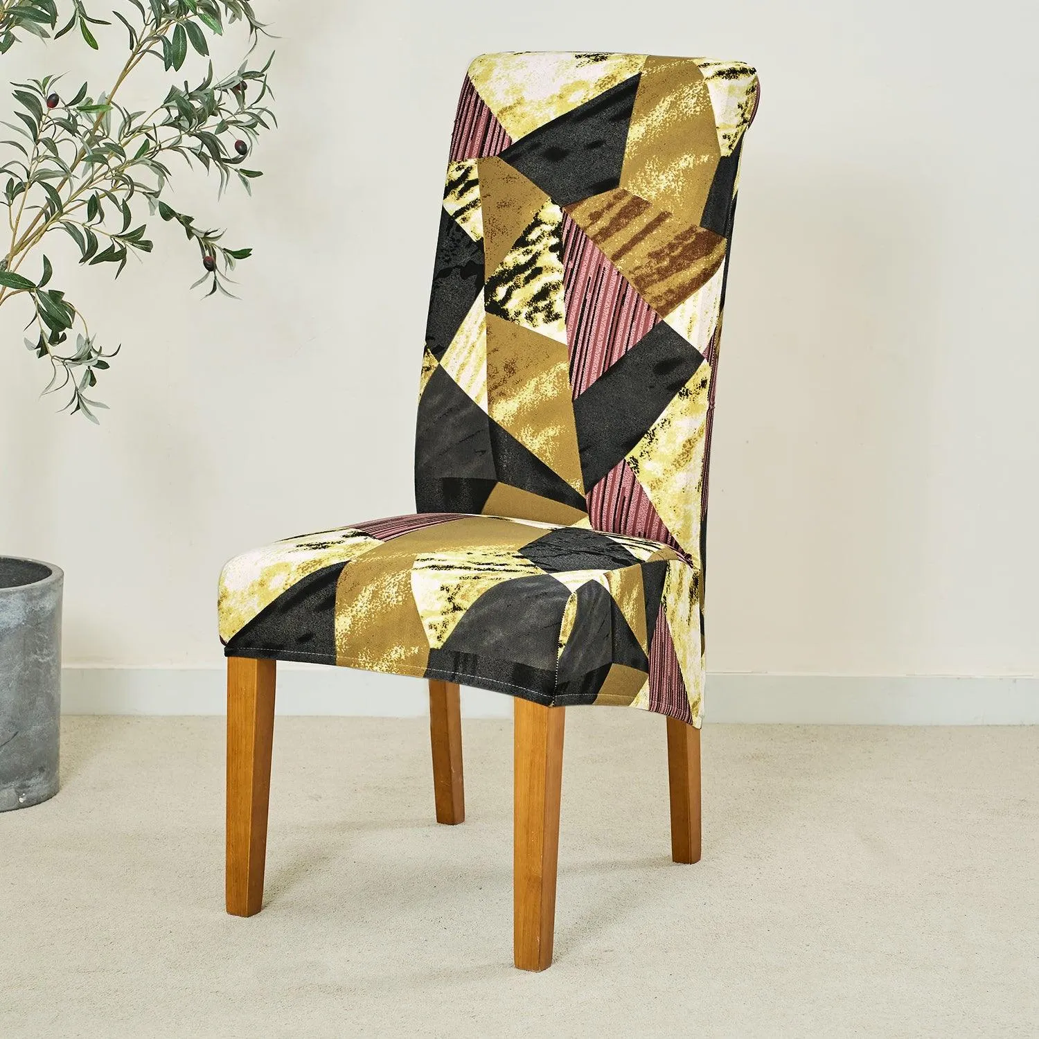 PolySpandex 140gsm High Back Dining Chair Cover Set of 1/2/4/6, Wine Abstract Geometry