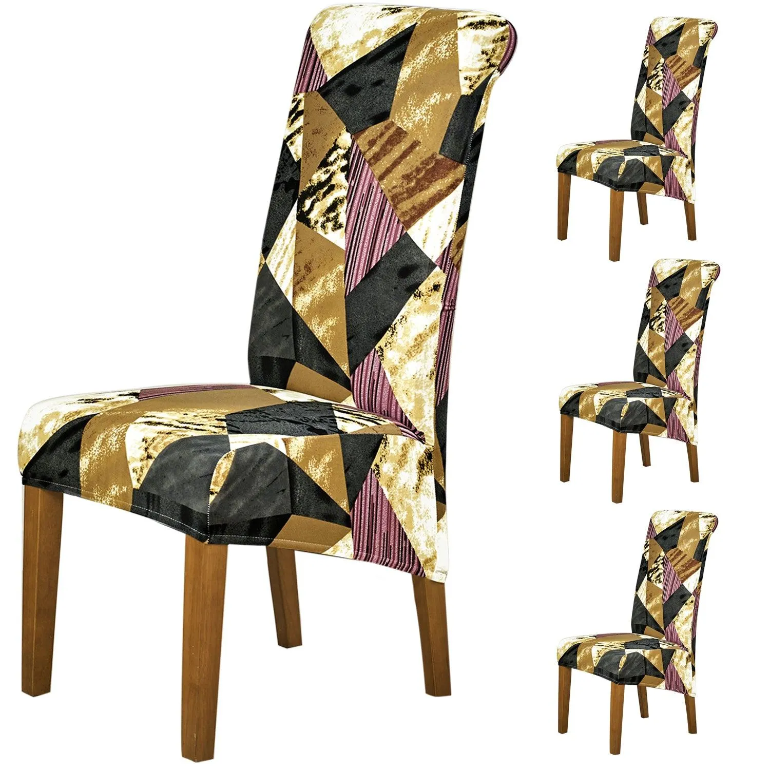 PolySpandex 140gsm High Back Dining Chair Cover Set of 1/2/4/6, Wine Abstract Geometry