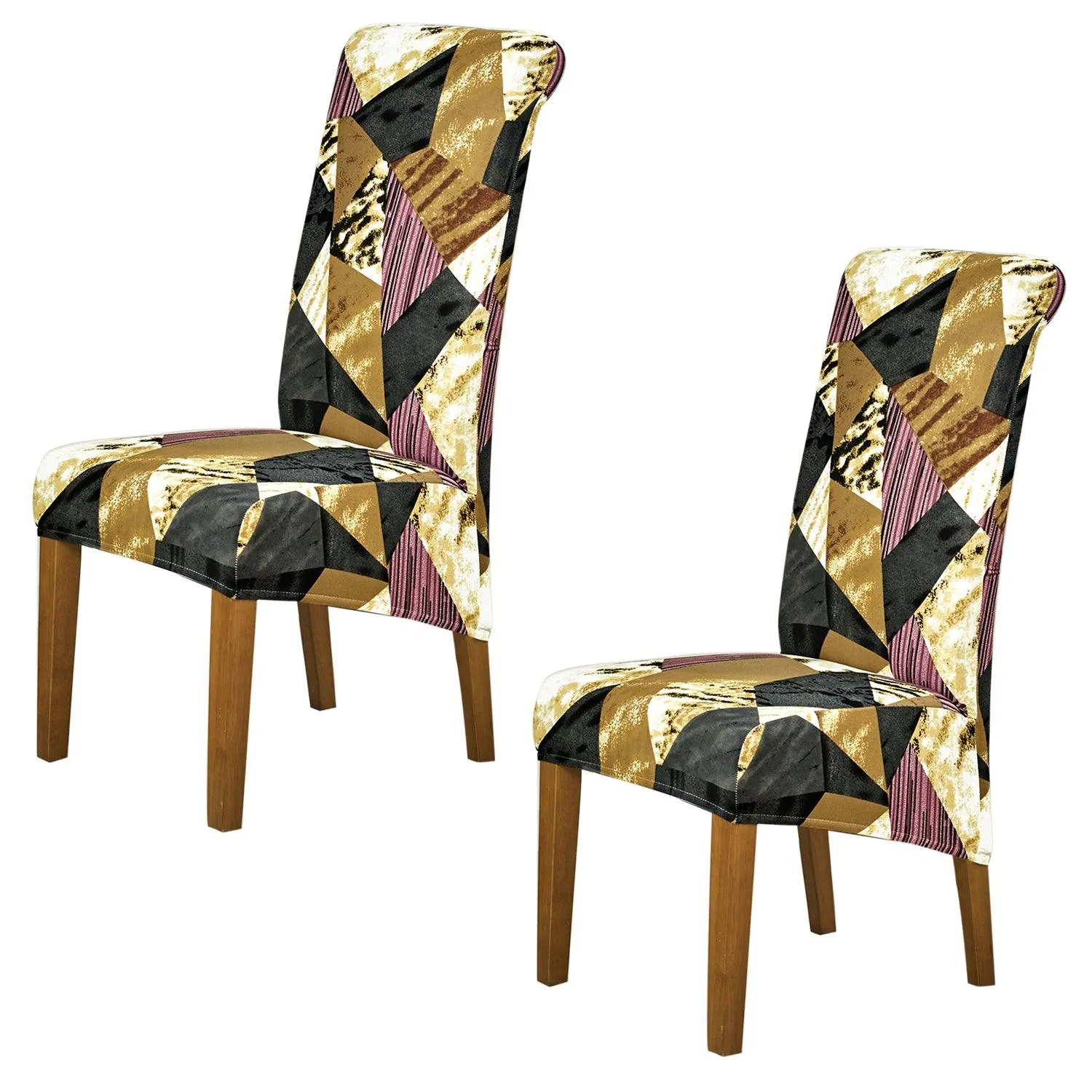 PolySpandex 140gsm High Back Dining Chair Cover Set of 1/2/4/6, Wine Abstract Geometry