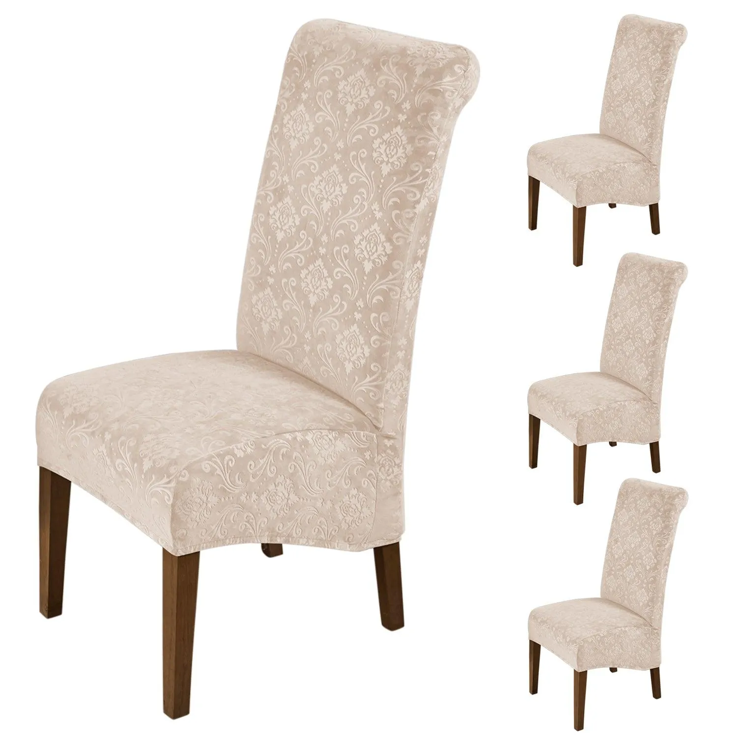 Premium Embossed Velvet Long Back Chair Cover Set of 1/2/4/6, Light Camel