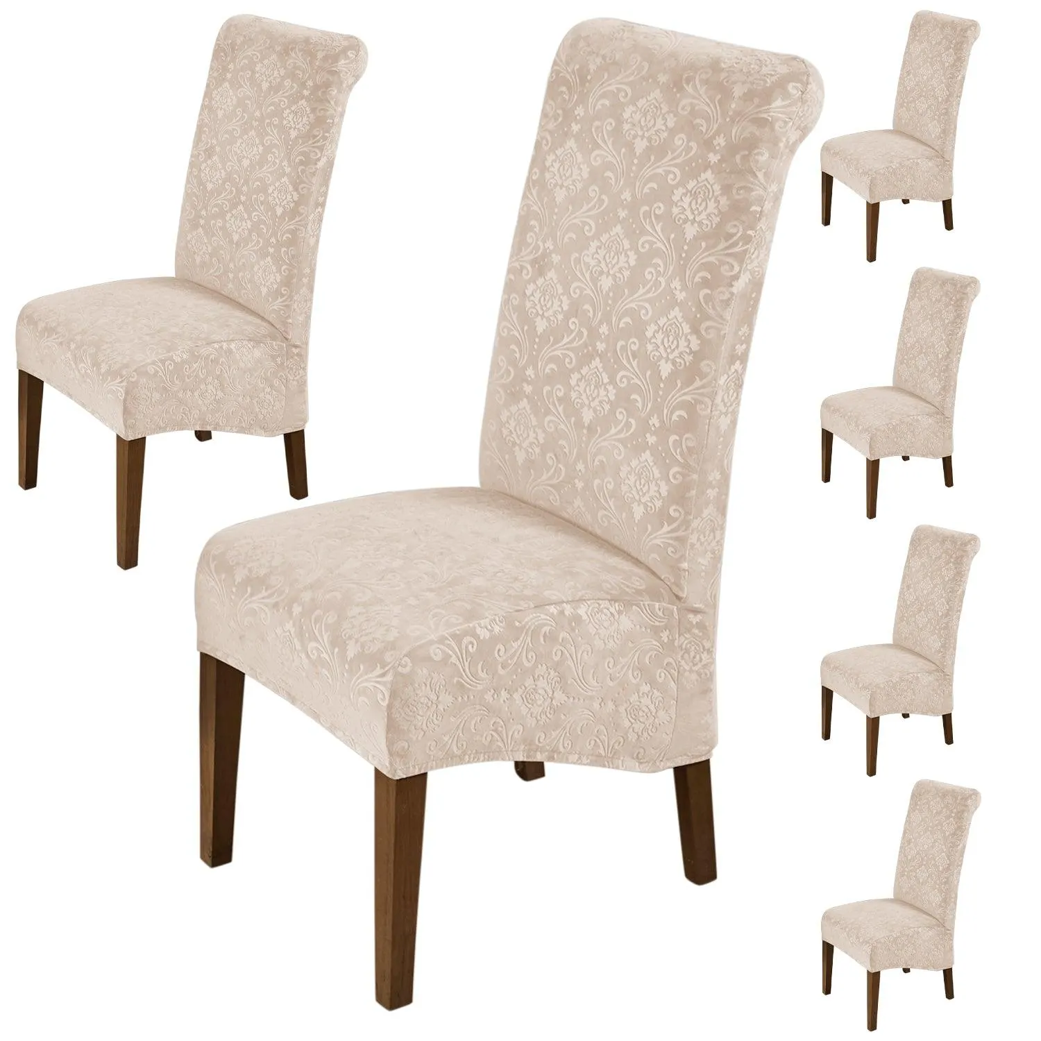 Premium Embossed Velvet Long Back Chair Cover Set of 1/2/4/6, Light Camel