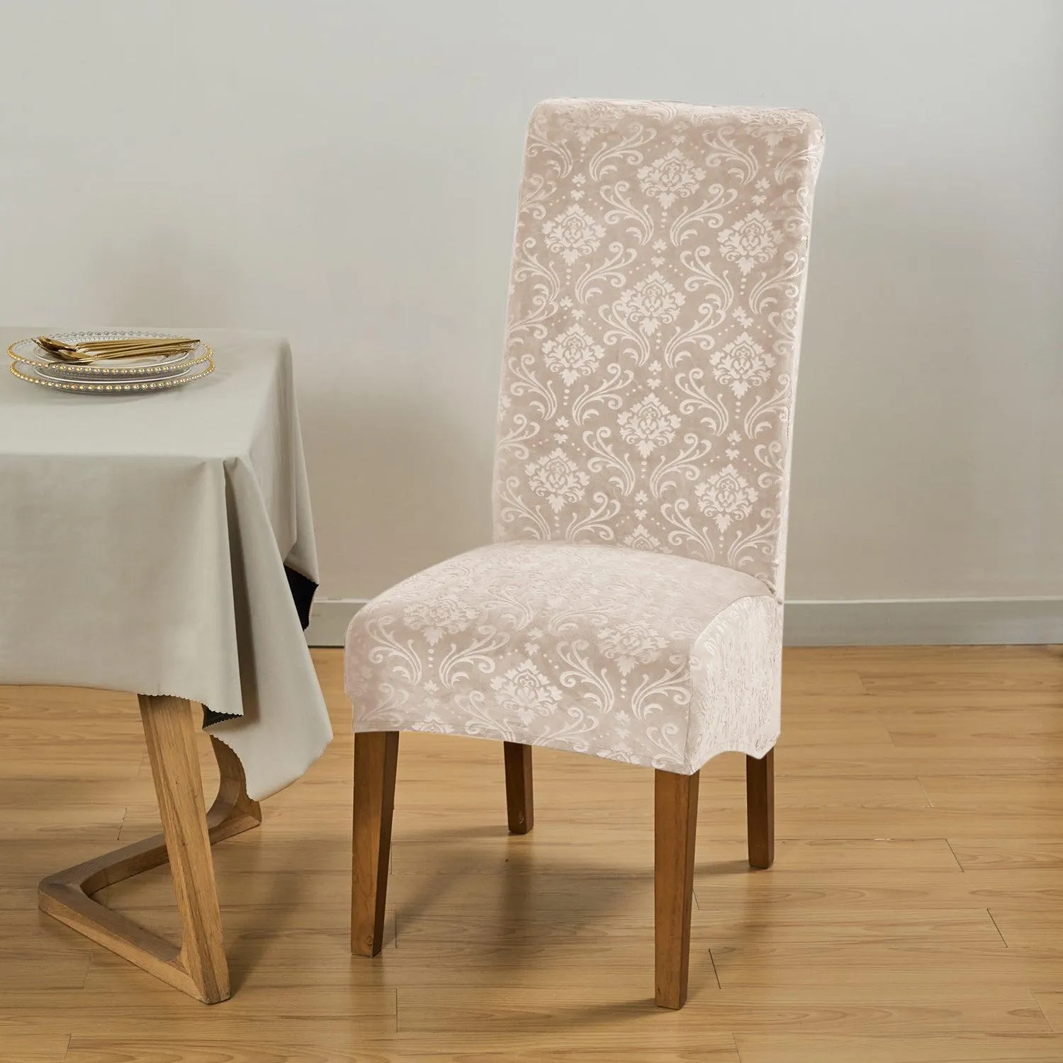 Premium Embossed Velvet Long Back Chair Cover Set of 1/2/4/6, Light Camel