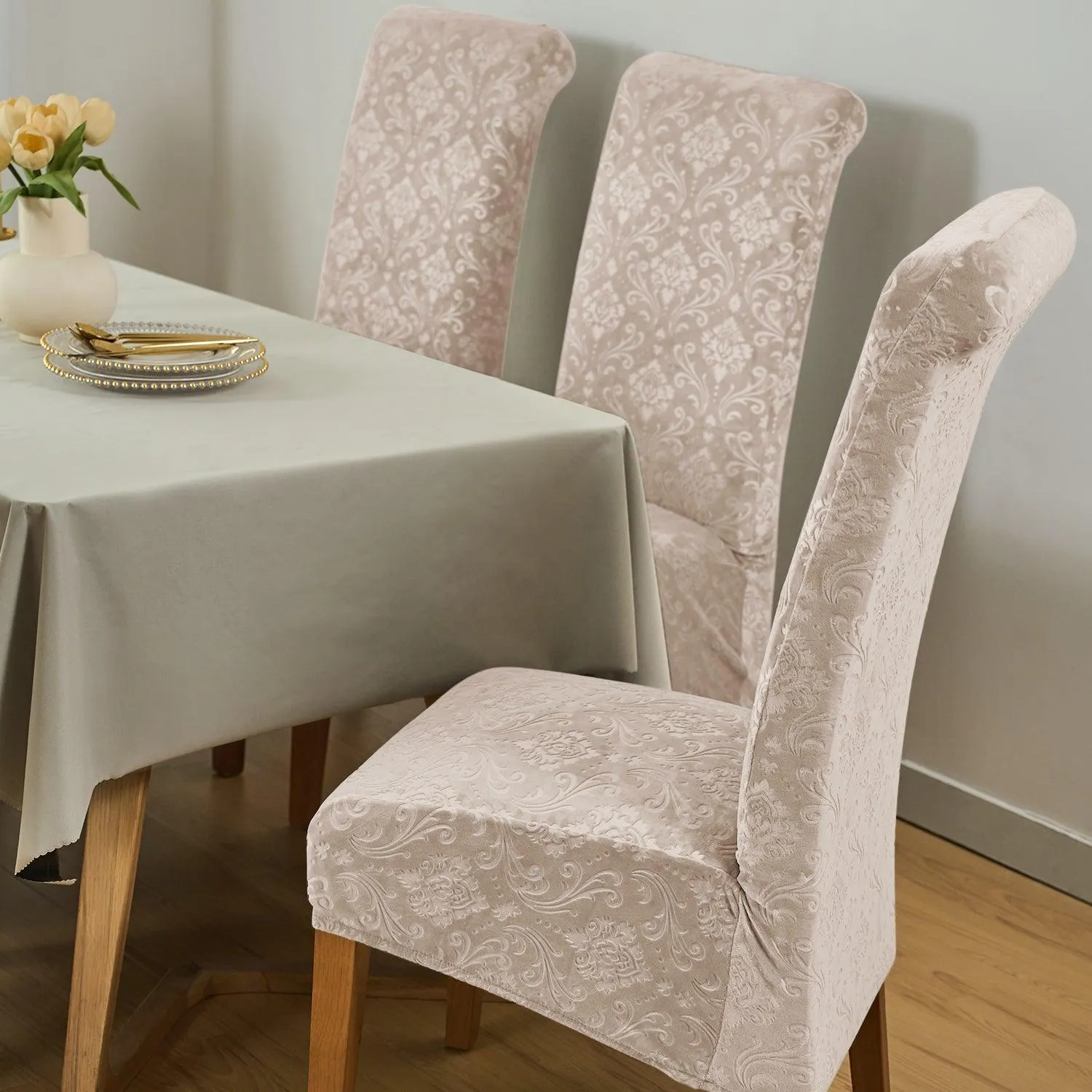 Premium Embossed Velvet Long Back Chair Cover Set of 1/2/4/6, Light Camel