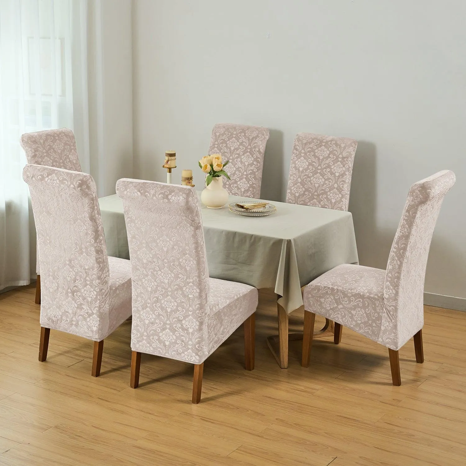 Premium Embossed Velvet Long Back Chair Cover Set of 1/2/4/6, Light Camel