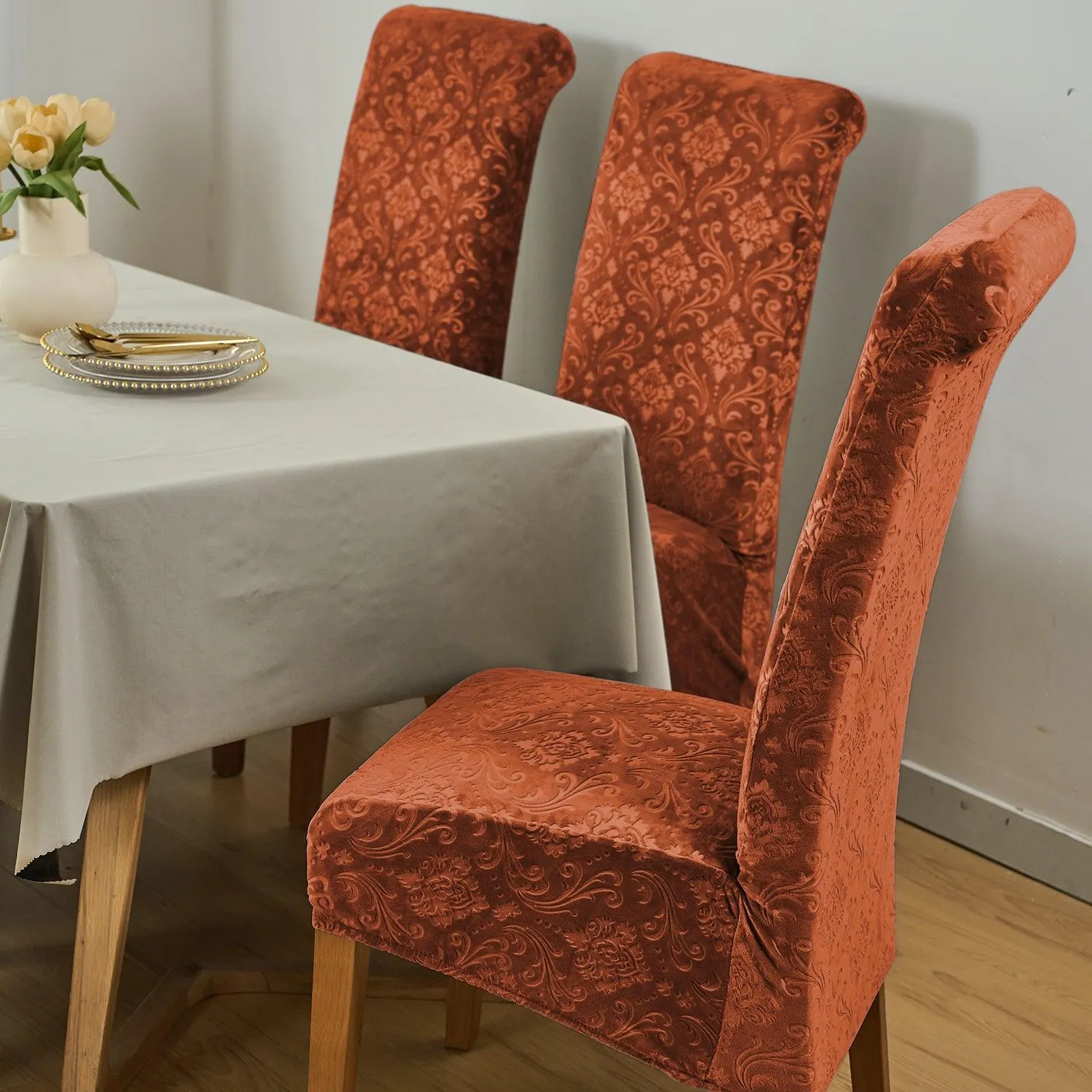 Premium Embossed Velvet Long Back Chair Cover Set of 1/2/4/6, Rustic Brown