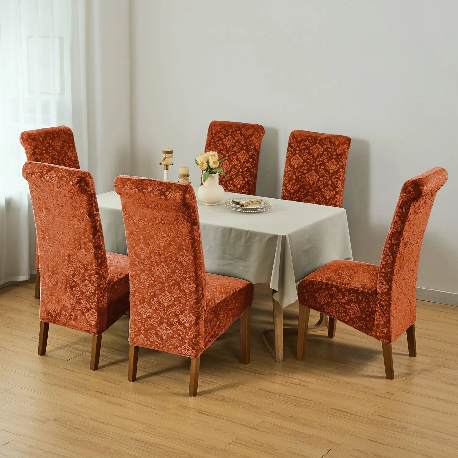 Premium Embossed Velvet Long Back Chair Cover Set of 1/2/4/6, Rustic Brown