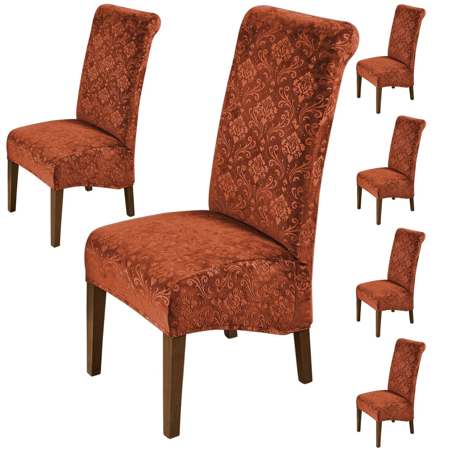 Premium Embossed Velvet Long Back Chair Cover Set of 1/2/4/6, Rustic Brown