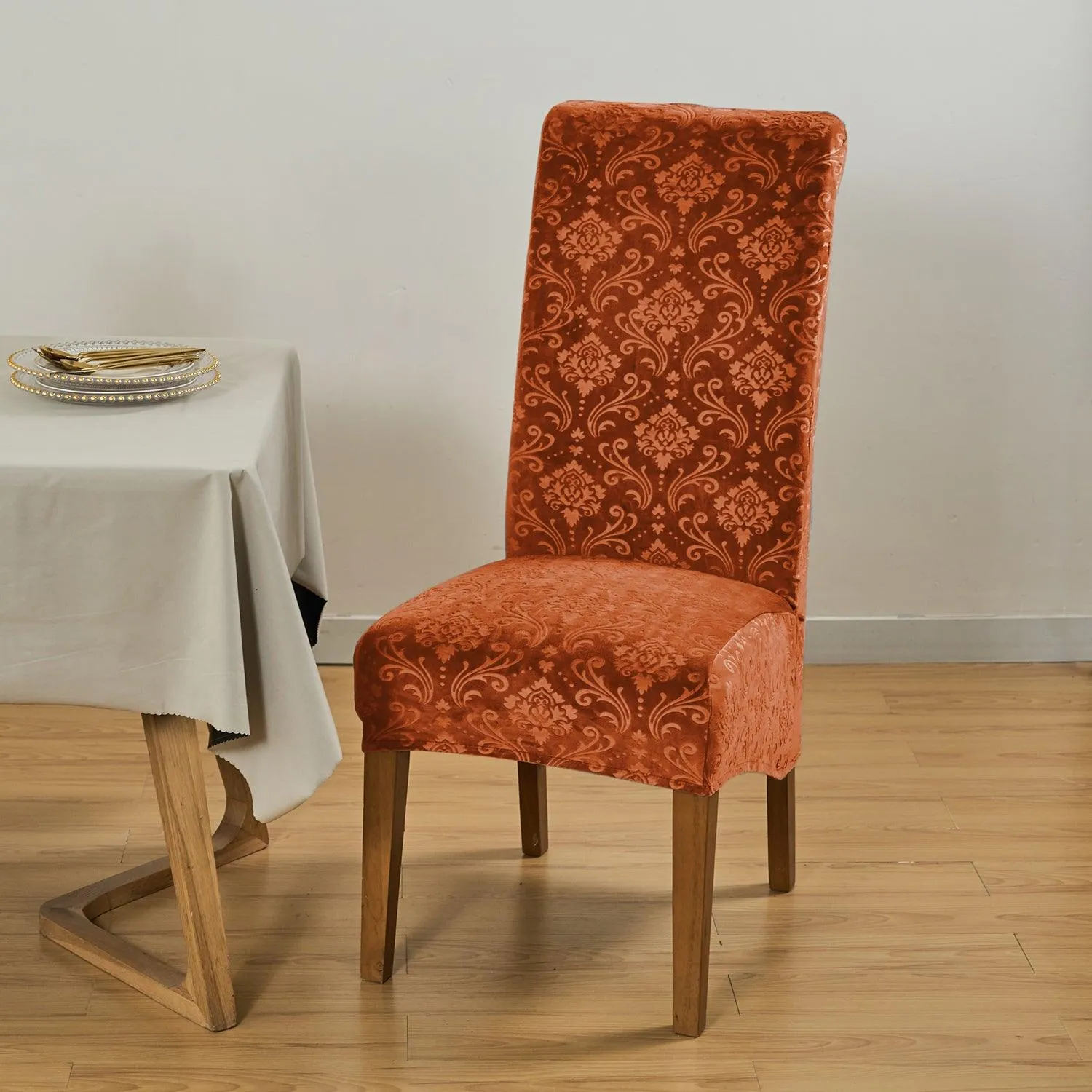 Premium Embossed Velvet Long Back Chair Cover Set of 1/2/4/6, Rustic Brown