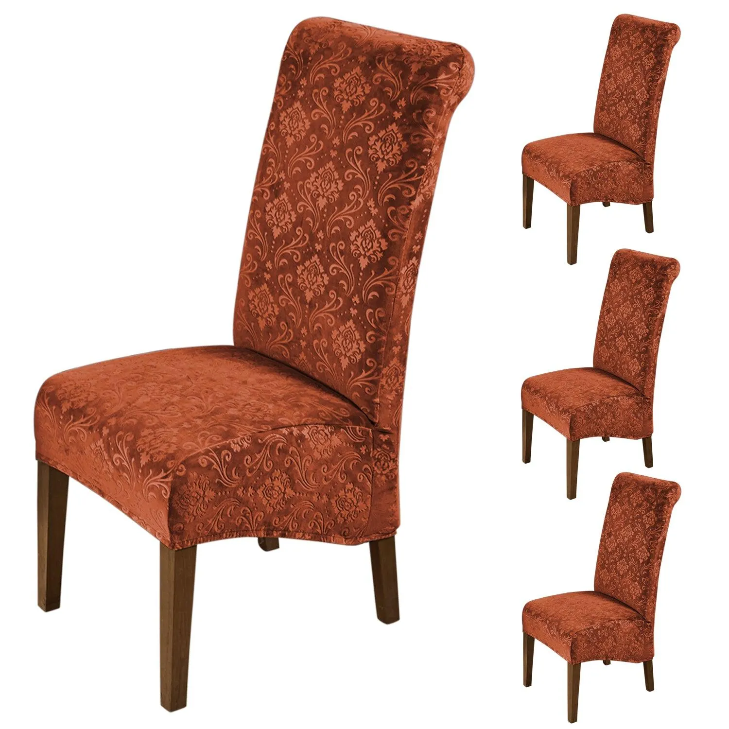 Premium Embossed Velvet Long Back Chair Cover Set of 1/2/4/6, Rustic Brown