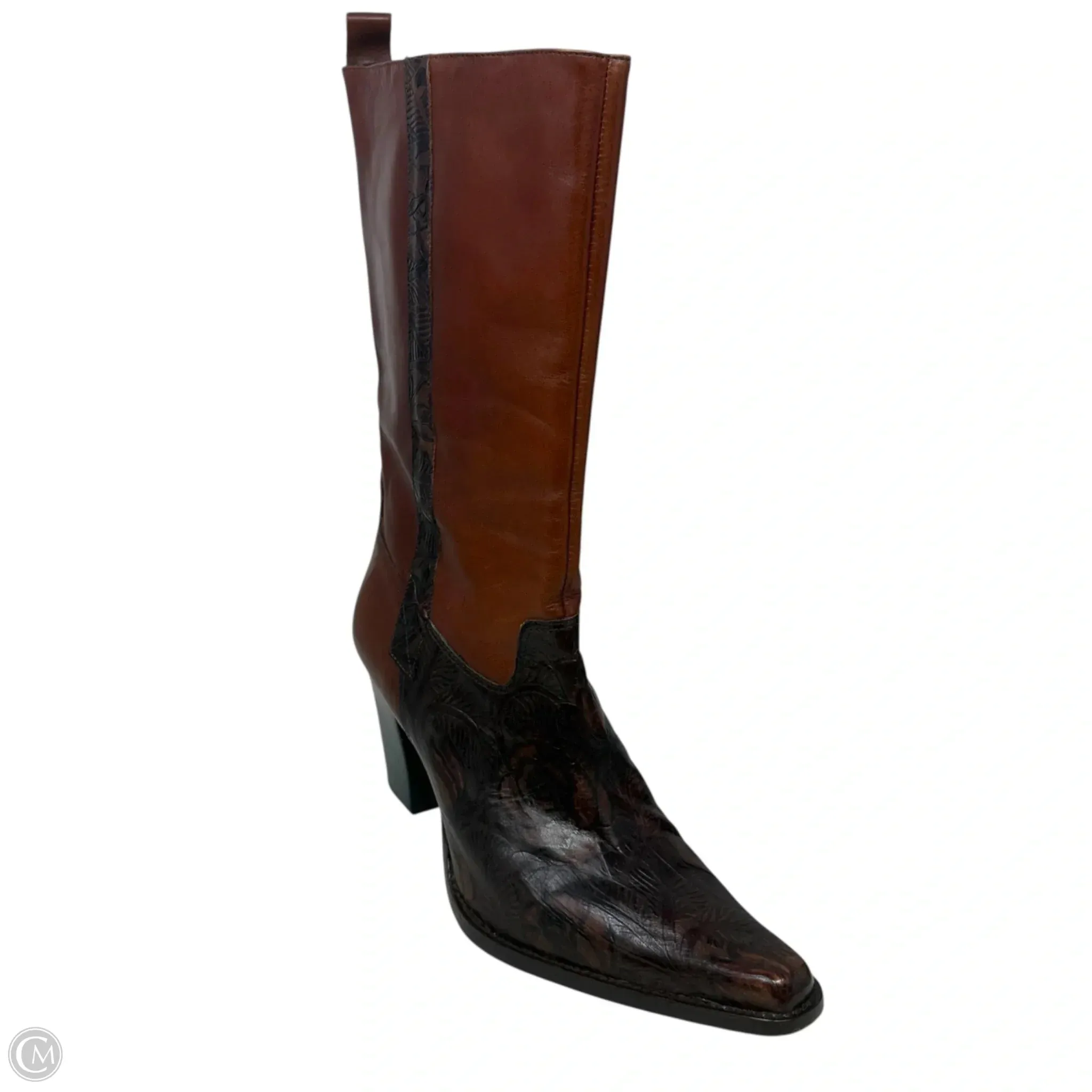 Chic Comfort Fit Cassidy Tooled Italian Leather Midcalf Heeled Boots By Antonio Melani In Brown, Size: 9.5
