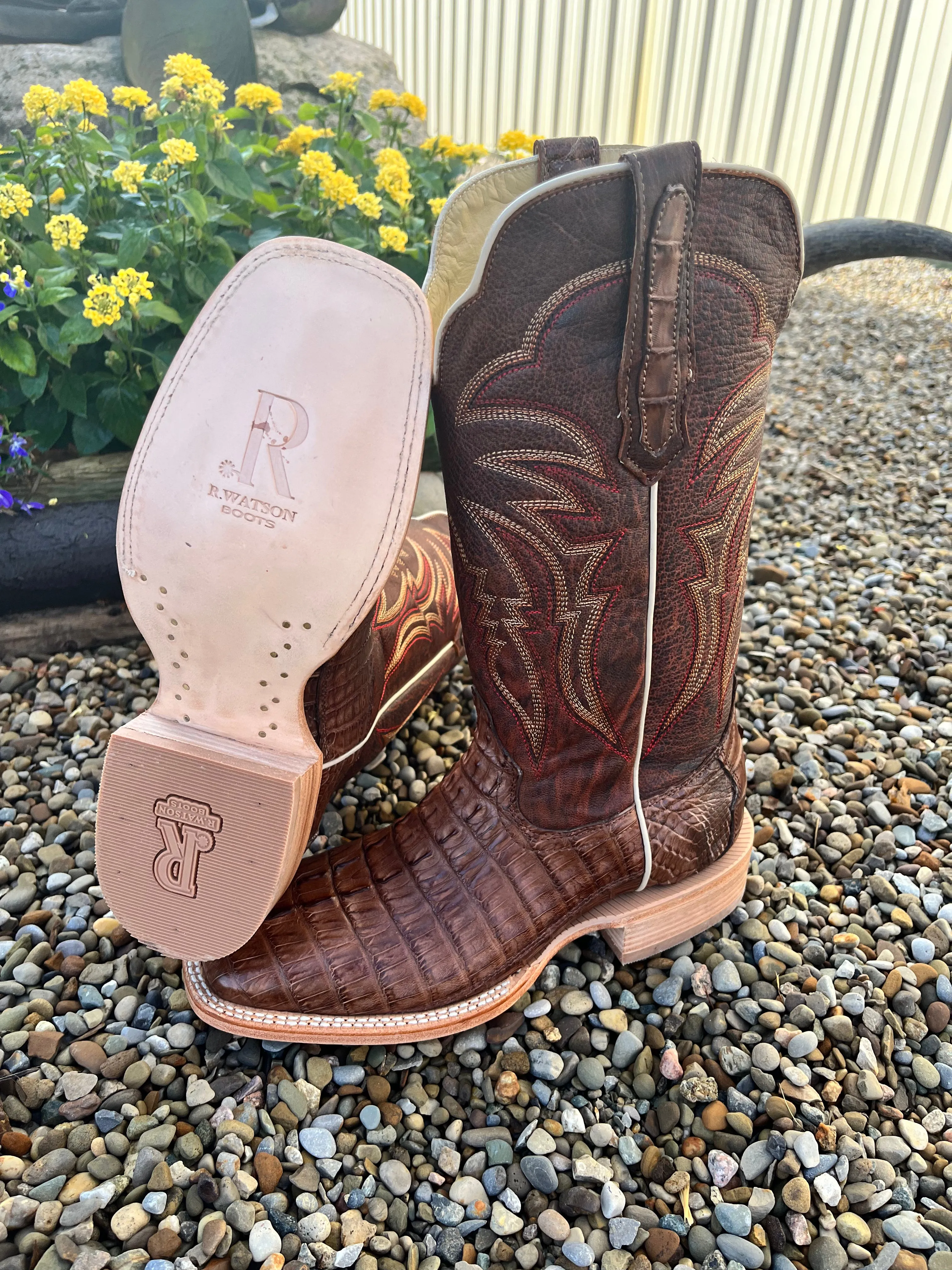 R. Watson Men's Kango Tobacco Hornback Caiman Tail Wide Square Toe Western Cowboy Boots RW3011-2
