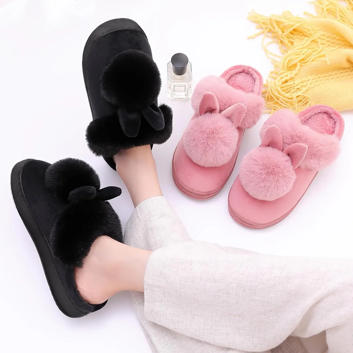 Rabbit Slippers for Women Cute Cartoon Indoor Slippers Funny Animal Bedroom Slippers Warm Plush House Shoes