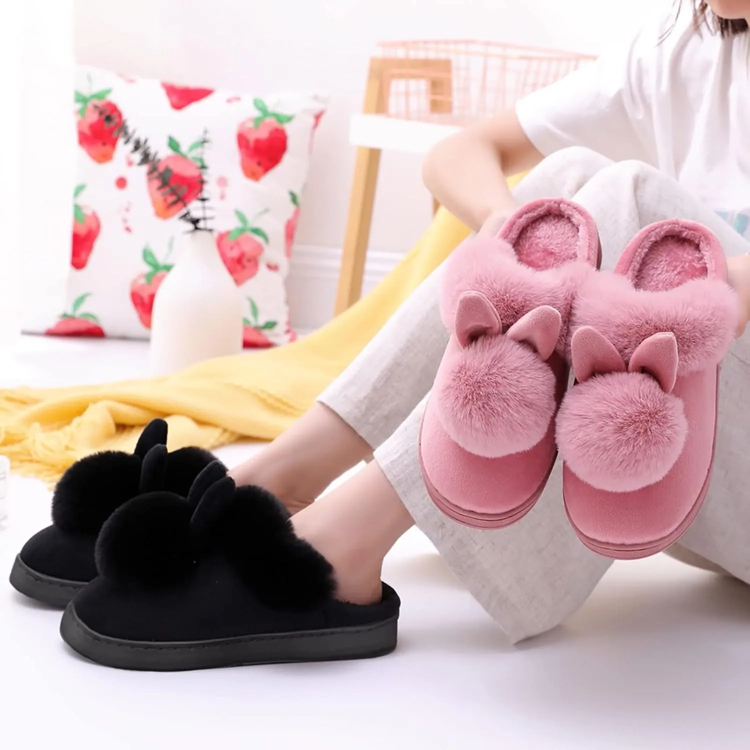 Rabbit Slippers for Women Cute Cartoon Indoor Slippers Funny Animal Bedroom Slippers Warm Plush House Shoes
