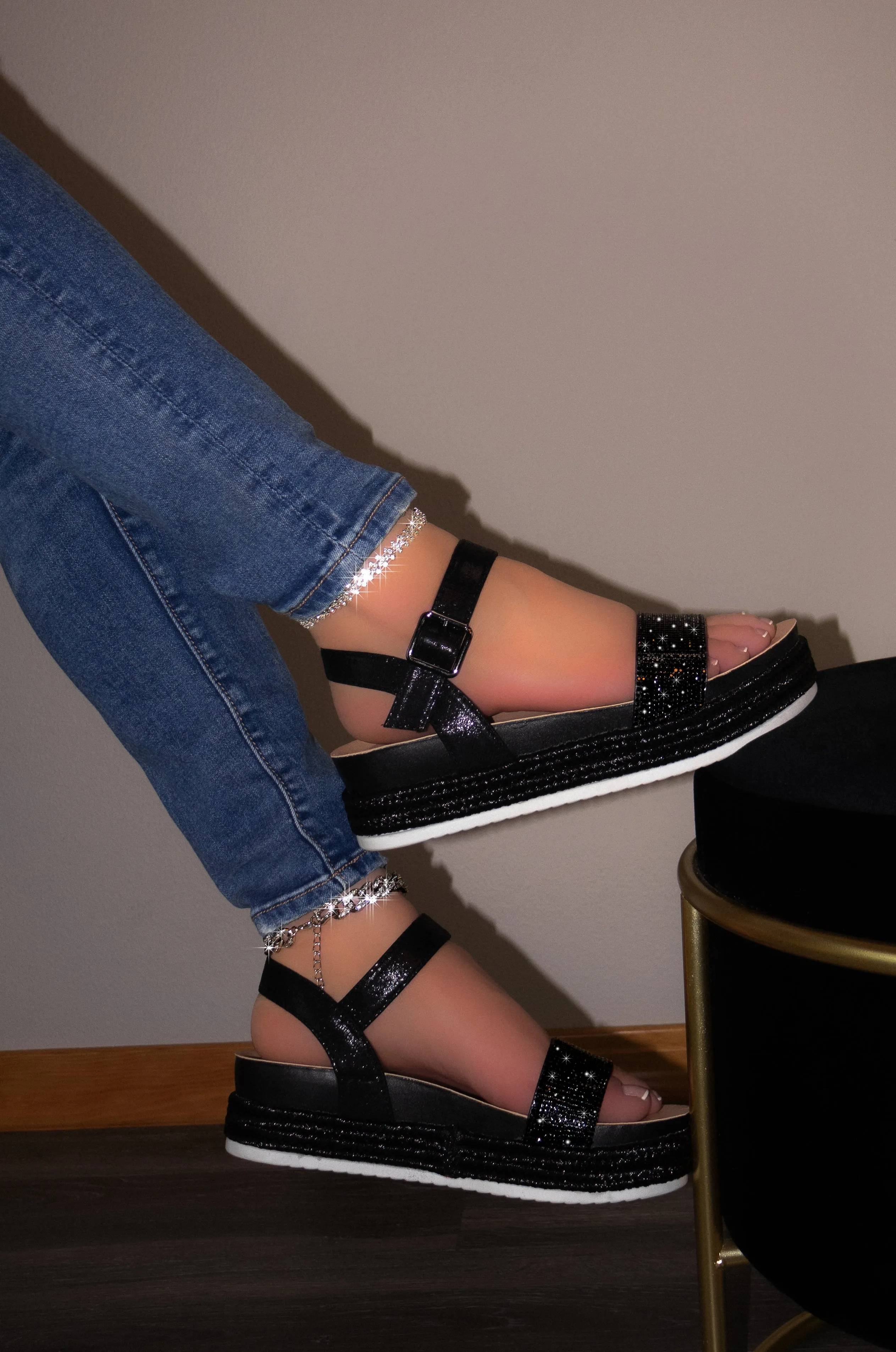 Raven -  Rhinestone Embellished Ankle Strap Espadrilles Platform Sandals