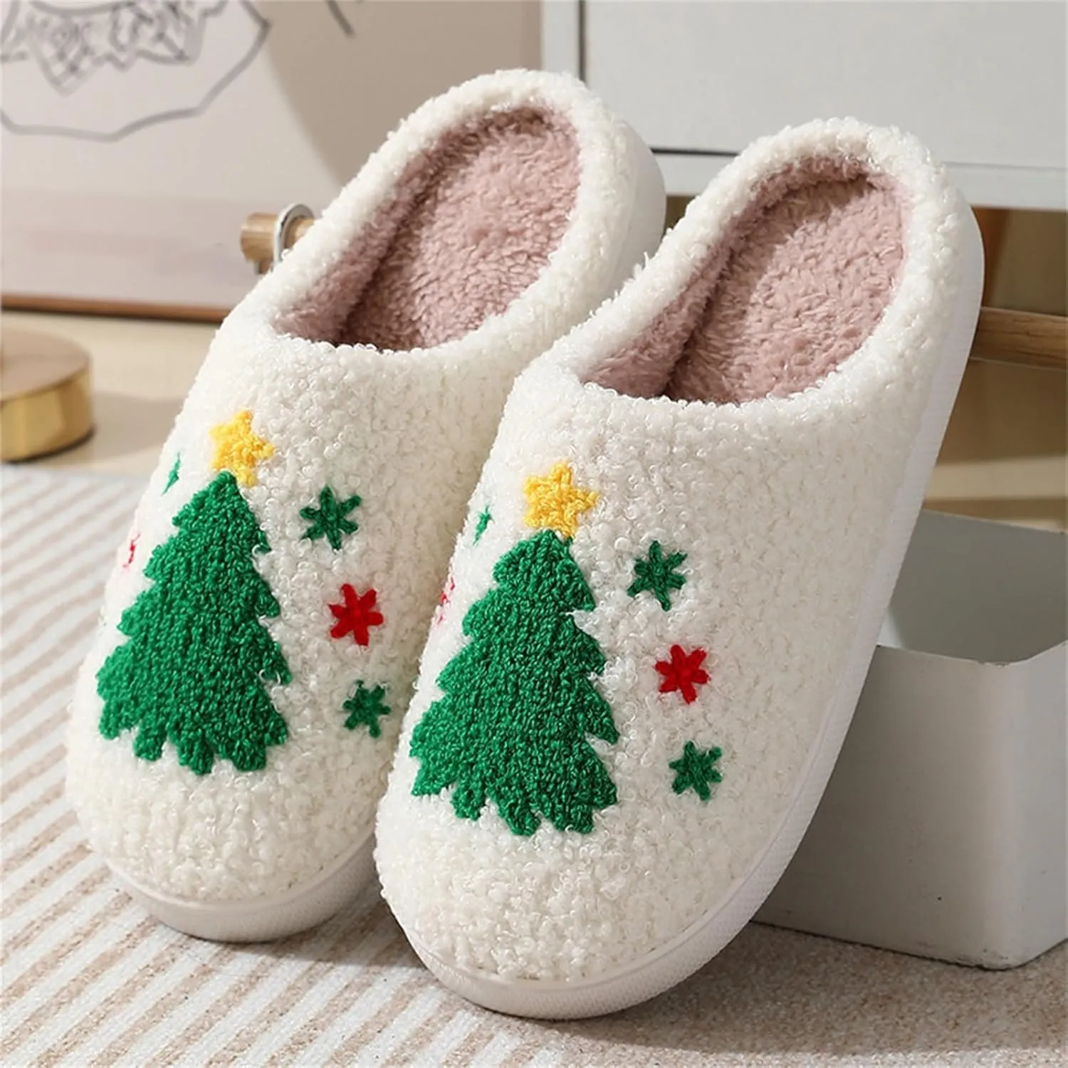 Reindeer Slippers Cute Christmas Santa Moose Cartoon Shoes Fuzzy Fluffy Cozy Warm Plush Memory Foam Indoor Slipper