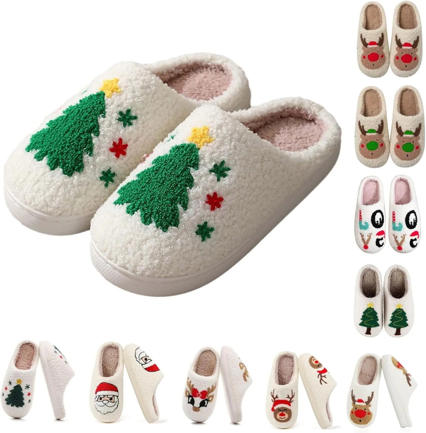 Reindeer Slippers Cute Christmas Santa Moose Cartoon Shoes Fuzzy Fluffy Cozy Warm Plush Memory Foam Indoor Slipper
