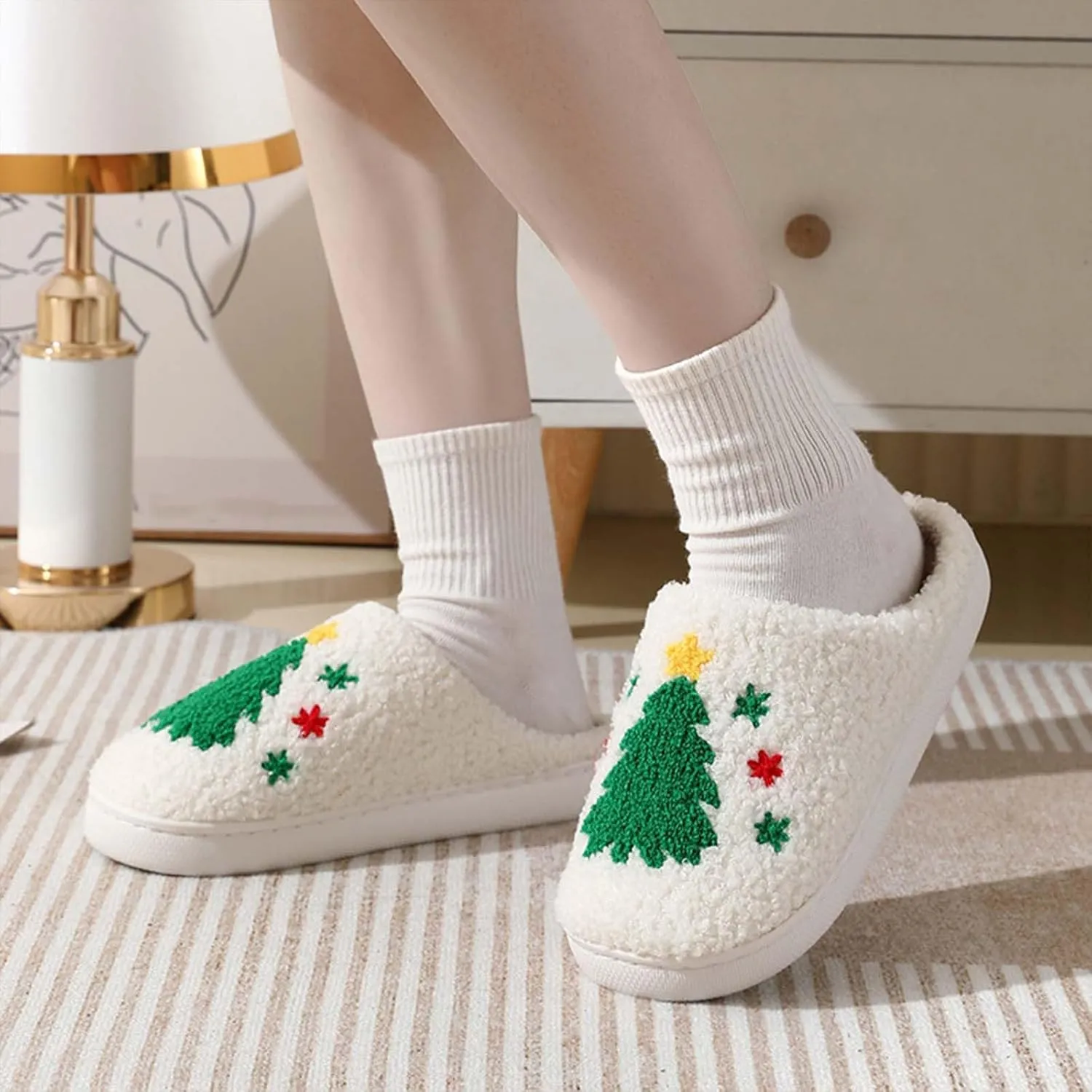 Reindeer Slippers Cute Christmas Santa Moose Cartoon Shoes Fuzzy Fluffy Cozy Warm Plush Memory Foam Indoor Slipper