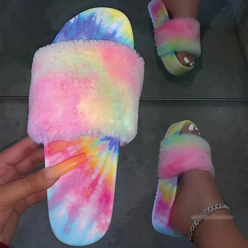 Rhinestone Faux Fur Slippers Platform Flat Shoes Flip Flops Sandals