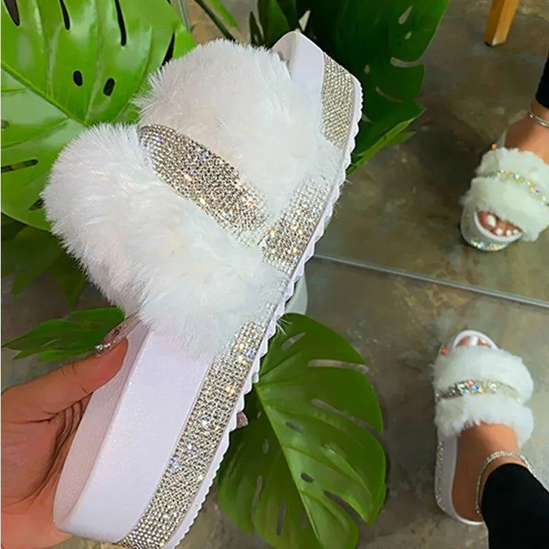 Rhinestone Faux Fur Slippers Platform Flat Shoes Flip Flops Sandals