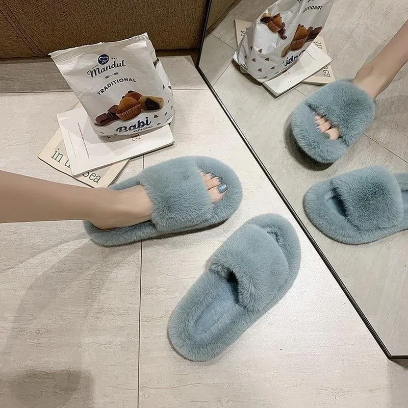 Rhinestone Faux Fur Slippers Platform Flat Shoes Flip Flops Sandals