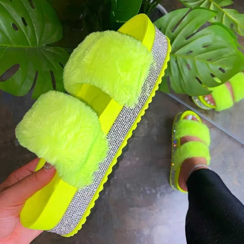 Rhinestone Faux Fur Slippers Platform Flat Shoes Flip Flops Sandals