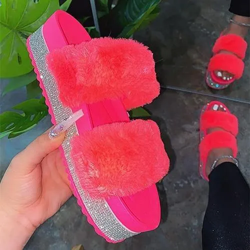 Rhinestone Faux Fur Slippers Platform Flat Shoes Flip Flops Sandals