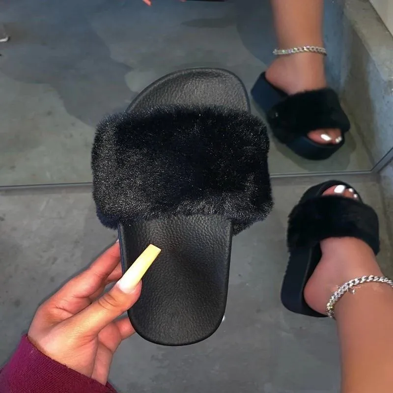 Rhinestone Faux Fur Slippers Platform Flat Shoes Flip Flops Sandals