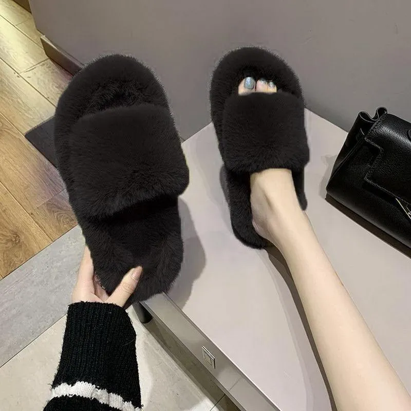 Rhinestone Faux Fur Slippers Platform Flat Shoes Flip Flops Sandals