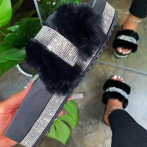 Rhinestone Faux Fur Slippers Platform Flat Shoes Flip Flops Sandals